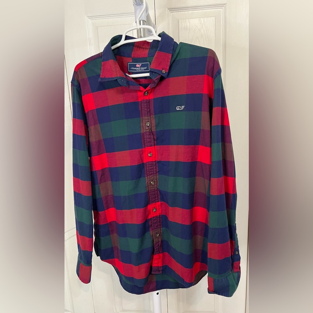 Vineyard Vines Men’s Slim Fit Whale Shirt Large Plaid Button Down Red Blue Green